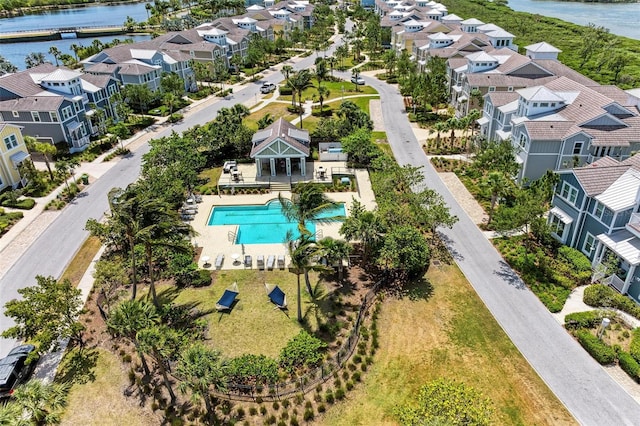 bird's eye view with a water view