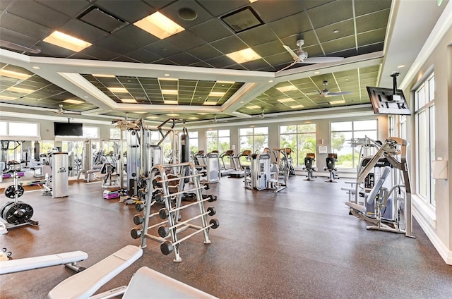 workout area featuring a paneled ceiling and ceiling fan