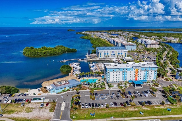 bird's eye view with a water view