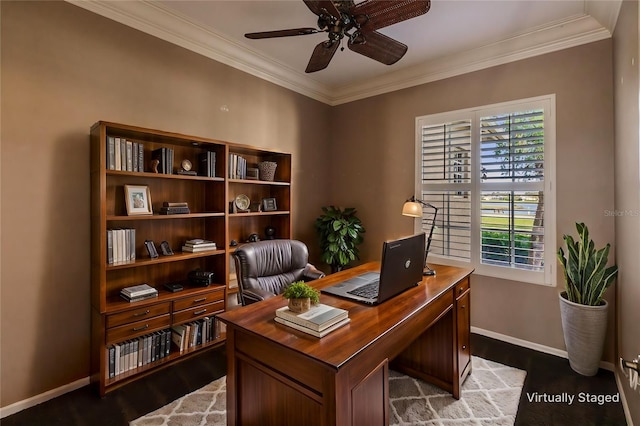 office space with ceiling fan, ornamental molding, and dark wood-type flooring