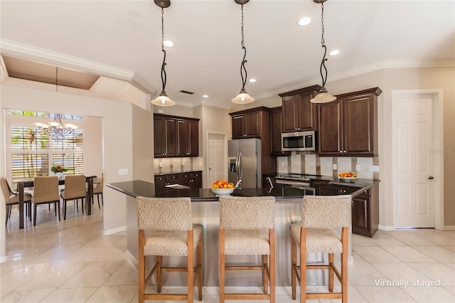 kitchen featuring backsplash, ornamental molding, and stainless steel appliances