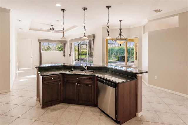 kitchen featuring dishwasher, a center island with sink, sink, ceiling fan, and dark brown cabinetry