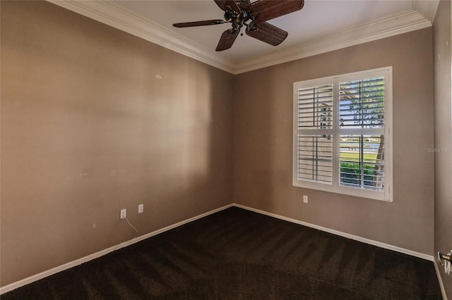 spare room with ceiling fan, carpet, and ornamental molding