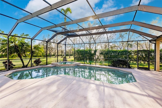 view of pool with an in ground hot tub and glass enclosure