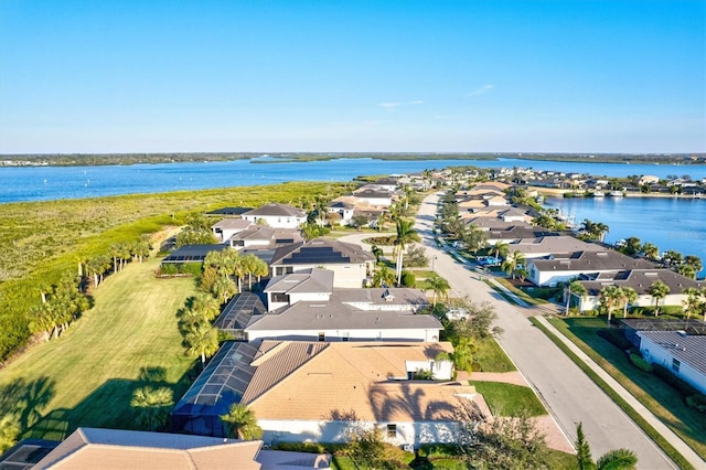 aerial view featuring a water view