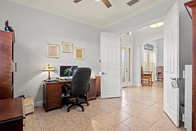 office featuring ceiling fan, ornamental molding, light tile patterned floors, and french doors