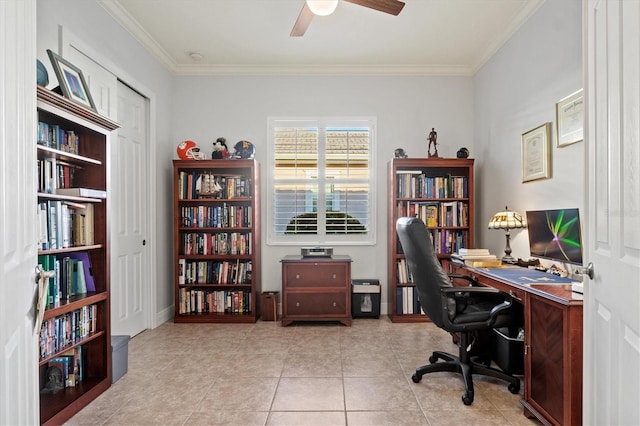 tiled office space with ceiling fan and ornamental molding