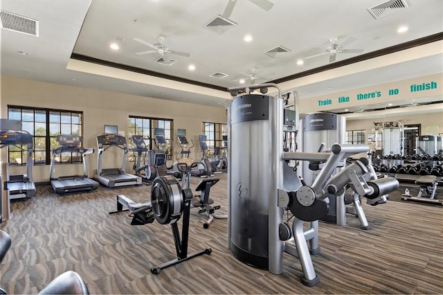 5130 Tidewater Preserve Blvd, Bradenton, FL 34208 - workout area with ceiling fan, carpet flooring, recessed lighting, crown molding, and a raised ceiling
