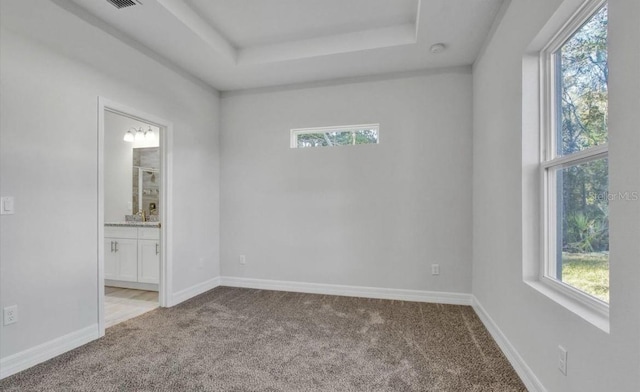 carpeted empty room with a raised ceiling