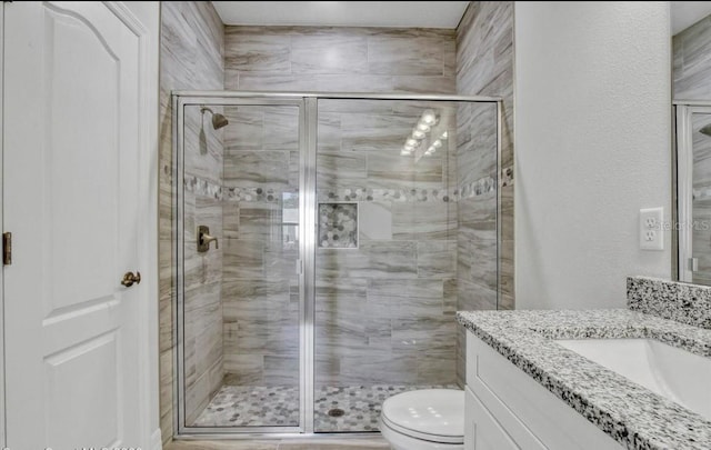 bathroom with vanity, toilet, and a shower with door