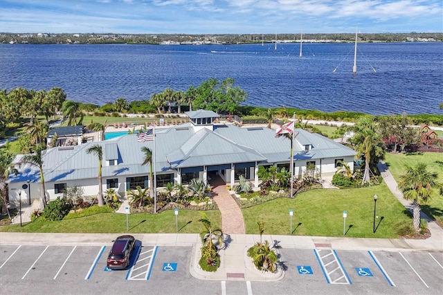 aerial view featuring a water view