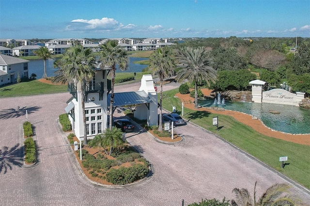 aerial view featuring a water view