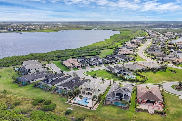 drone / aerial view with a water view