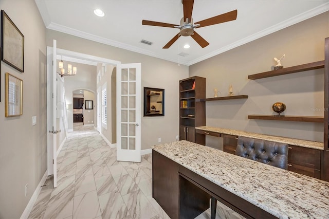 kitchen with crown molding, light stone countertops, ceiling fan, and french doors