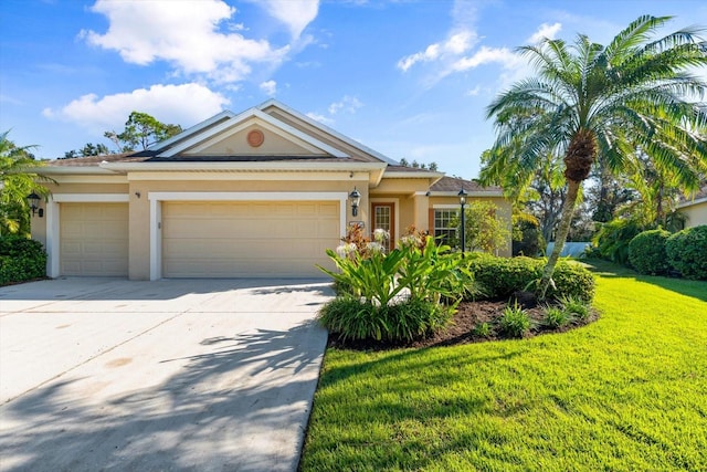 view of front of property featuring a front lawn and a garage