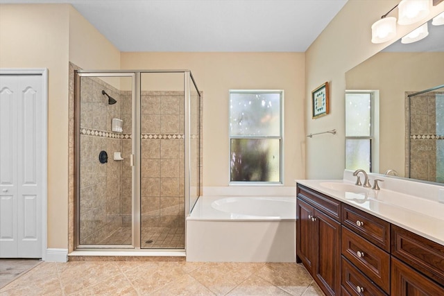 bathroom featuring vanity, separate shower and tub, and tile patterned flooring