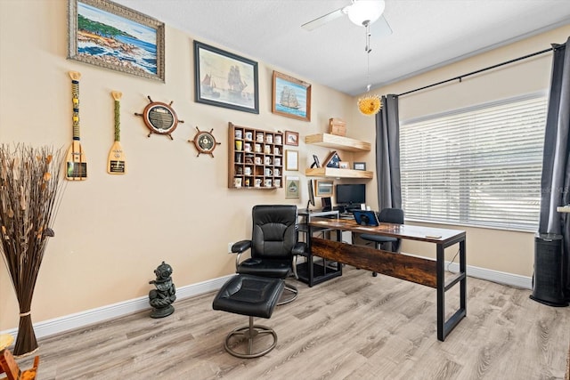 home office with light hardwood / wood-style flooring, a textured ceiling, and ceiling fan