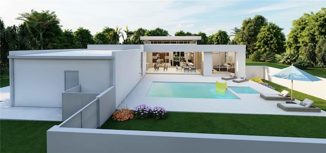 view of pool featuring a patio area and a yard