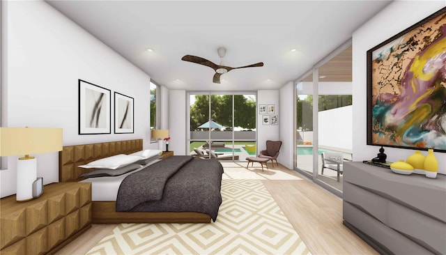 bedroom with ceiling fan, a wall of windows, light wood-type flooring, and access to outside