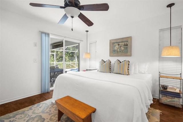 bedroom with access to outside, ceiling fan, and dark hardwood / wood-style floors