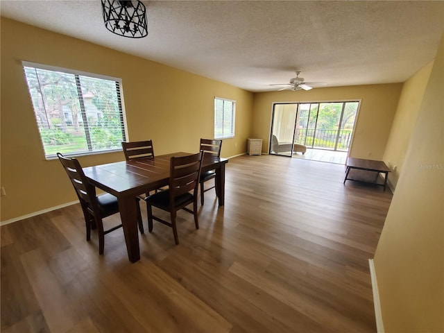 dining space with ceiling fan, wood-type flooring, and a textured ceiling