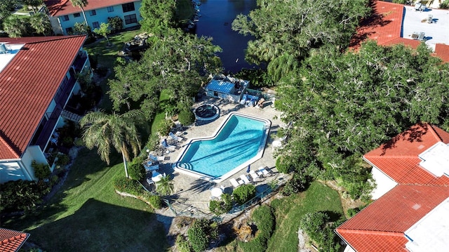 aerial view featuring a water view