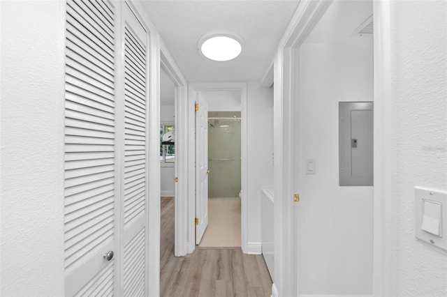 hallway with electric panel and light wood-type flooring