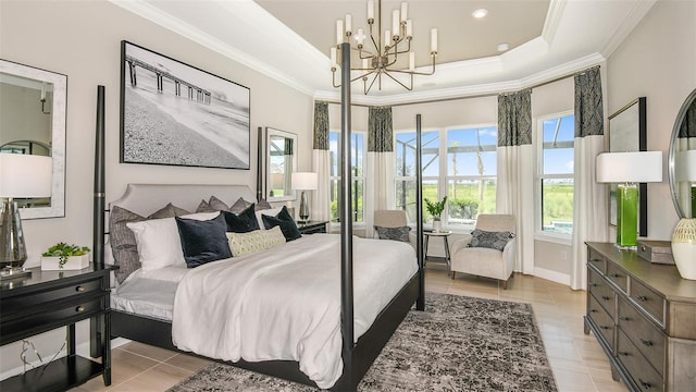 bedroom featuring an inviting chandelier, a raised ceiling, ornamental molding, and light tile patterned flooring