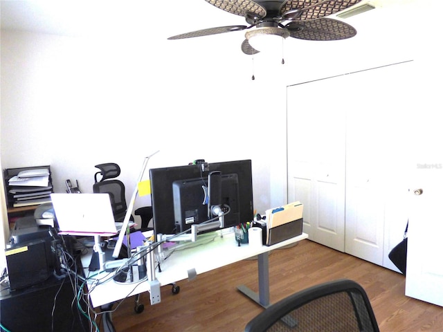 office featuring ceiling fan and hardwood / wood-style flooring