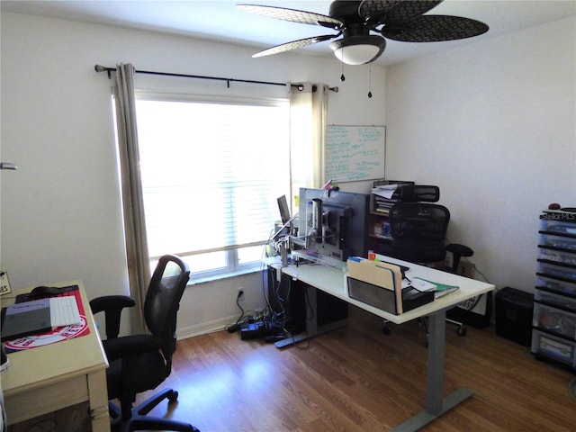 office space featuring ceiling fan and wood-type flooring