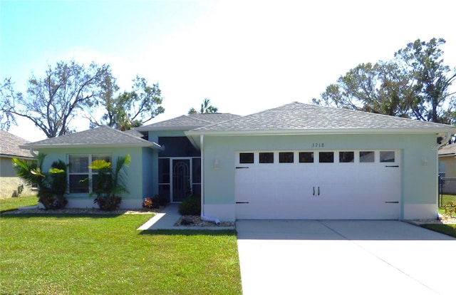 ranch-style home with a front lawn and a garage