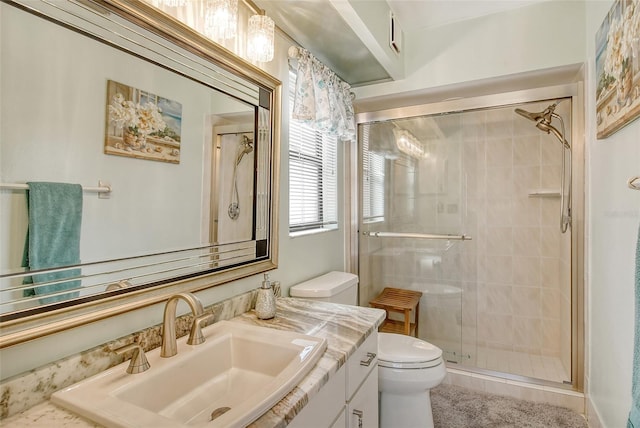 bathroom featuring vanity, toilet, and a shower with shower door