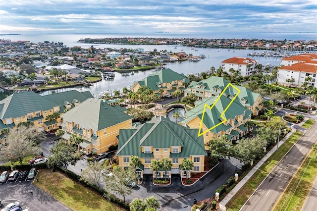 drone / aerial view featuring a water view