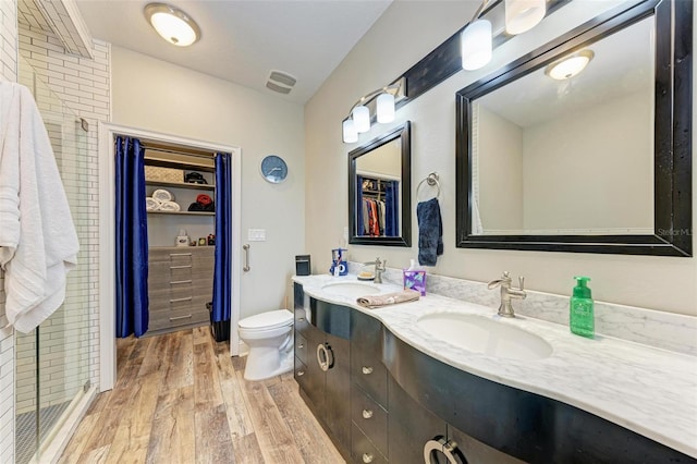 bathroom with hardwood / wood-style floors, vanity, and toilet