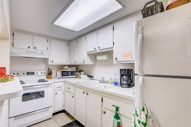 kitchen with white cabinetry, white appliances, sink, and light tile patterned floors