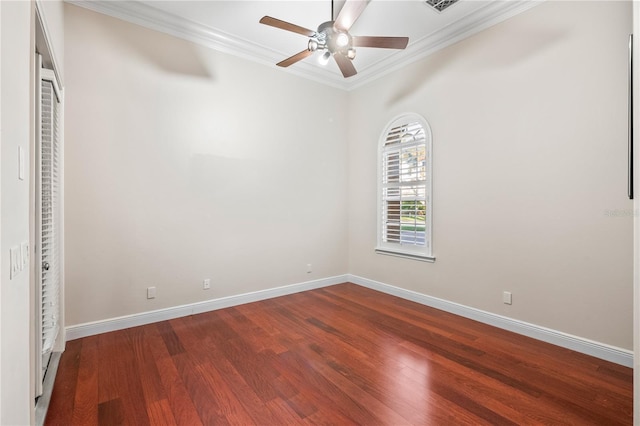 unfurnished bedroom with ceiling fan, crown molding, and hardwood / wood-style flooring