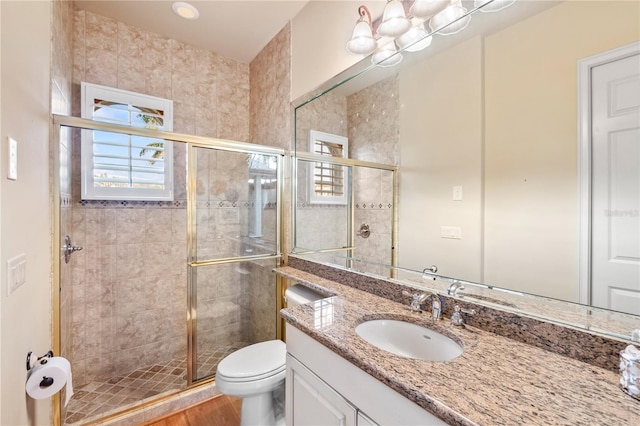 bathroom featuring vanity, hardwood / wood-style flooring, toilet, and a shower with door