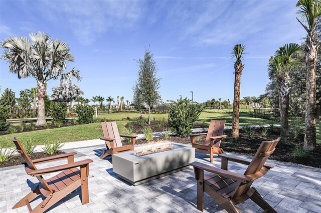 view of patio / terrace featuring an outdoor fire pit