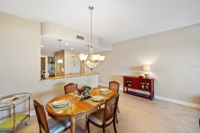dining area with recessed lighting, a chandelier, light tile patterned floors, baseboards, and visible vents