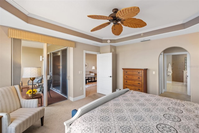 carpeted bedroom featuring crown molding, access to exterior, and ceiling fan