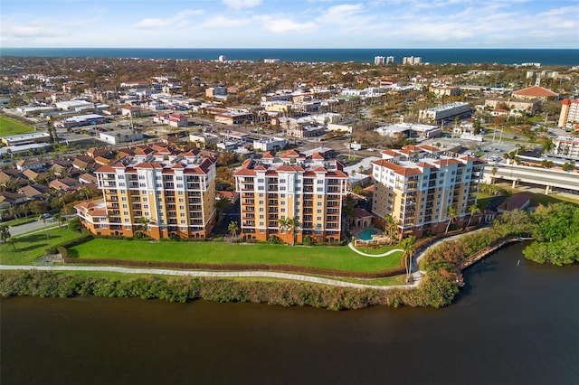 birds eye view of property featuring a water view