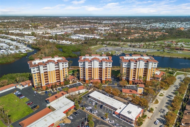 bird's eye view with a water view