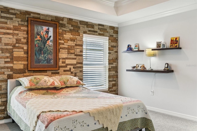 carpeted bedroom with ornamental molding