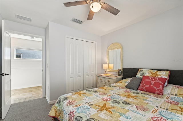 bedroom featuring wood-type flooring, a closet, and ceiling fan