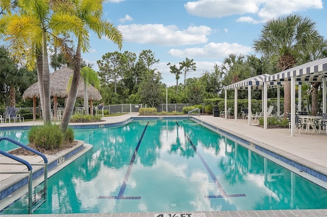 view of swimming pool featuring a patio