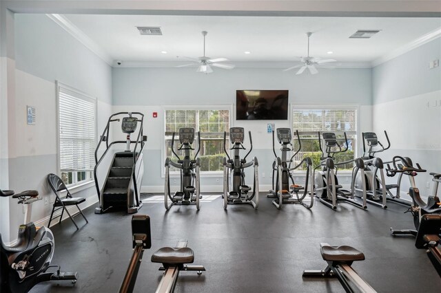 exercise room with crown molding, a healthy amount of sunlight, and ceiling fan