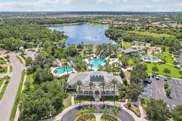 drone / aerial view with a water view