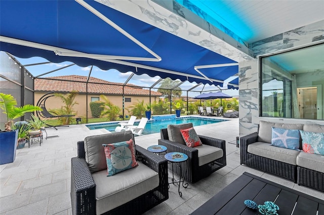 view of patio / terrace with an outdoor living space and a pool with hot tub