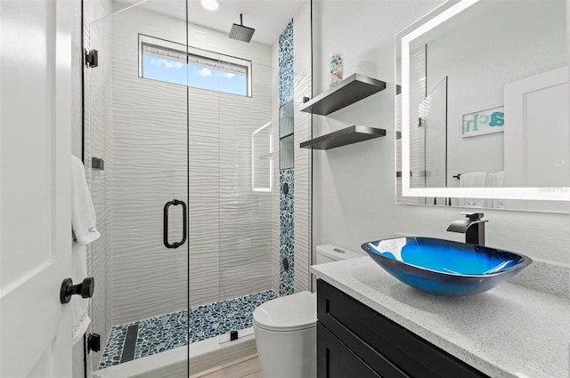 bathroom featuring hardwood / wood-style floors, vanity, toilet, and an enclosed shower