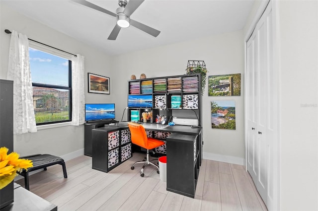 office featuring ceiling fan and light hardwood / wood-style floors